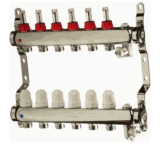 Изображение товара Коллекторный блок Terma нерж.1" с регулировочными клапанами и расходомерами, воздухоотв., дрен., крон. 6 выходов 14106 89331