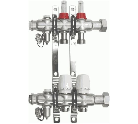 Изображение товара Коллекторный блок Terma нерж. 1" с накидной гайкой (расх-ми., регулировочными и дренажными клапанами, кронш.) 2 вых.14255 88925