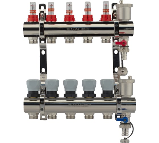 Изображение товара Коллекторная группа PROFACTOR латунь, с расходомерами, в сборе, 1х5 выходов 3/4 ЕК PF MB 802.5