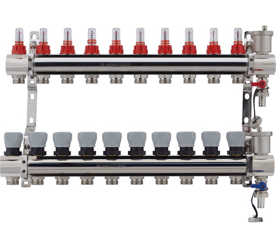 Изображение товара Коллекторная группа PROFACTOR латунь, с расходомерами, в сборе, 1х10 выходов 3/4 ЕК PF MB 802.10
