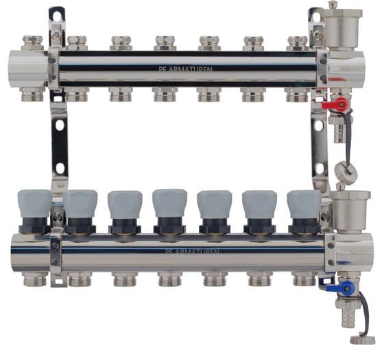 Изображение товара Коллекторная группа PROFACTOR латунь, с регулирующими клапанами, в сборе, 1х7 выходов 3/4 ЕК PF MB 804.7