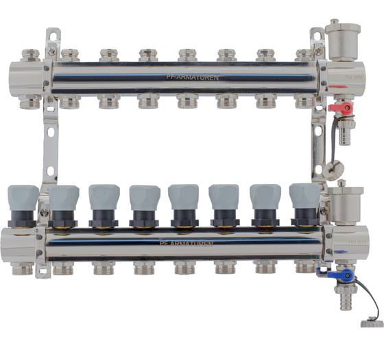 Изображение товара Коллекторная группа PROFACTOR латунь, с регулирующими клапанами, в сборе, 1х8 выходов 3/4 ЕК PF MB 804.8