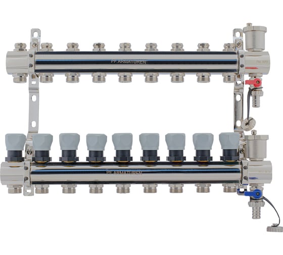 Изображение товара Коллекторная группа PROFACTOR латунь, с регулирующими клапанами, в сборе, 1х9 выходов 3/4 ЕК PF MB 804.9