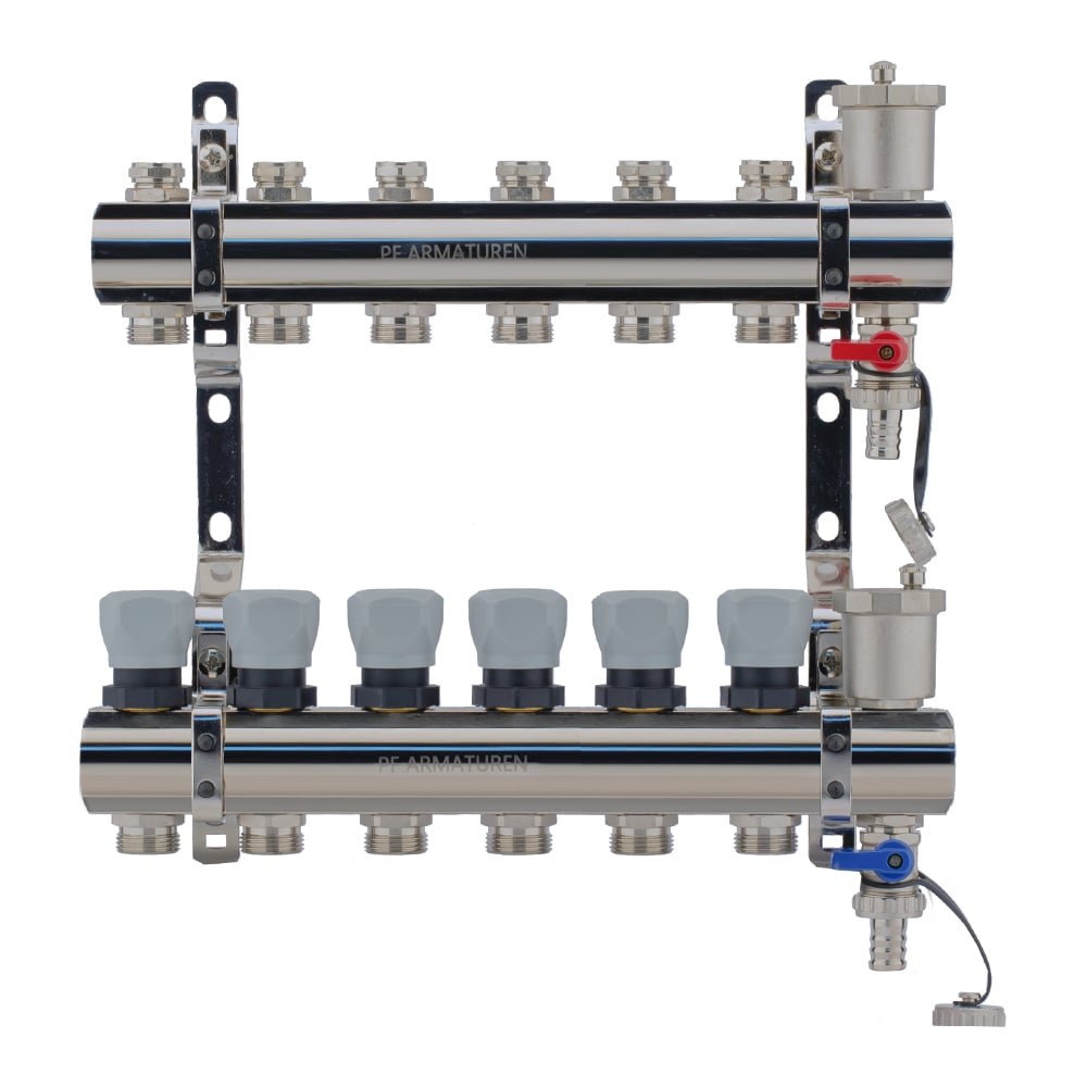 Изображение товара Коллекторная группа PROFACTOR латунь, с регулирующими клапанами, в сборе, 1х6 выходов 3/4 ЕК PF MB 804.6
