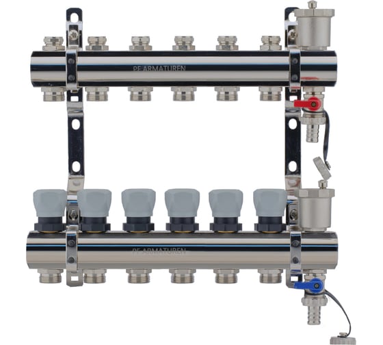 Изображение товара Коллекторная группа PROFACTOR латунь, с регулирующими клапанами, в сборе, 1х6 выходов 3/4 ЕК PF MB 804.6
