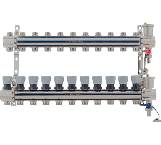 Изображение товара Коллекторная группа PROFACTOR латунь, с регулирующими клапанами, в сборе, 1х11 выходов 3/4 ЕК PF MB 804.11