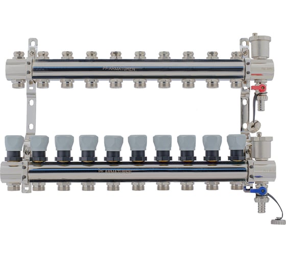Изображение товара Коллекторная группа PROFACTOR латунь, с регулирующими клапанами, в сборе, 1х10 выходов 3/4 ЕК PF MB 804.10