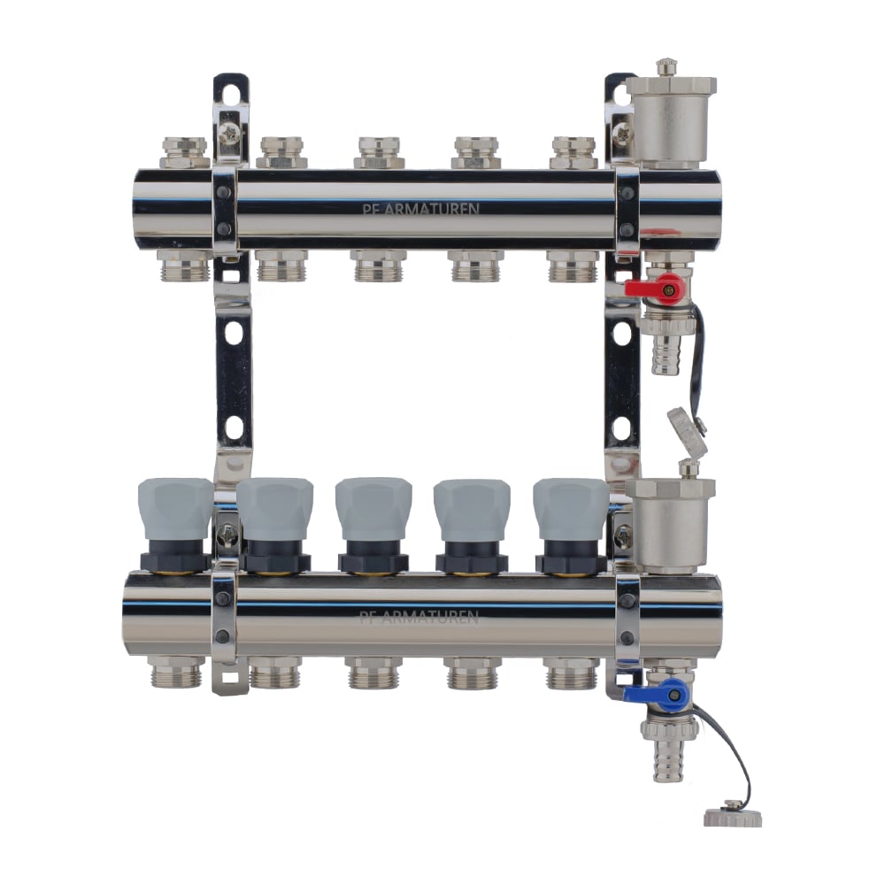 Изображение товара Коллекторная группа PROFACTOR латунь, с регулирующими клапанами, в сборе, 1х5 выходов 3/4 ЕК PF MB 804.5