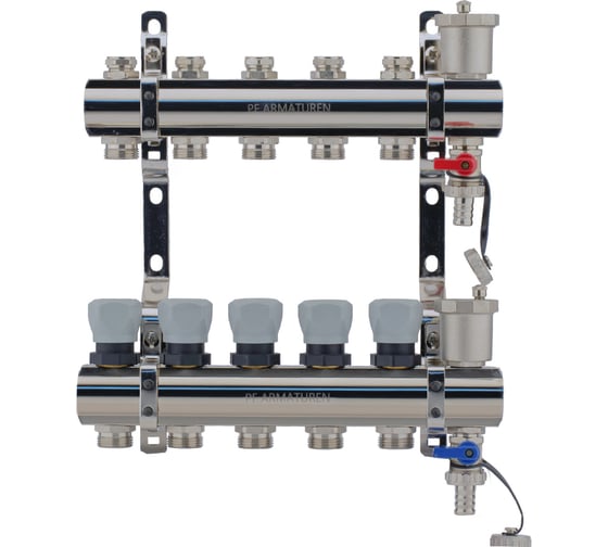 Изображение товара Коллекторная группа PROFACTOR латунь, с регулирующими клапанами, в сборе, 1х5 выходов 3/4 ЕК PF MB 804.5