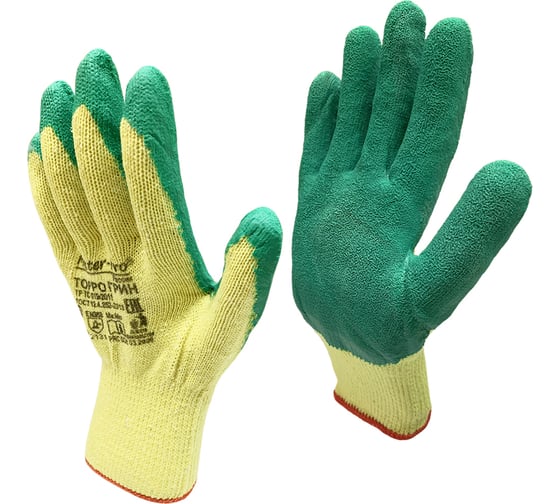 Изображение товара Рабочие перчатки с рельефным латексным покрытием Master-Pro® ТОРРО ГРИН х/б, 100 пар 6410-CL-100