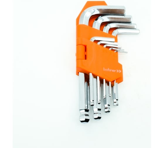 Изображение товара Набор шестигранных имбусовых ключей BOHRER HEX с шаром 1,5; 2; 2,5; 3; 4; 5; 6; 8; 10 мм, 9 шт. 49101119