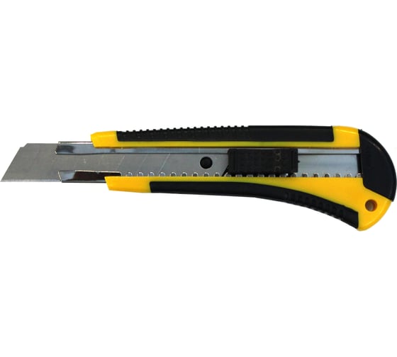 Изображение товара Нож BOHRER с выдвижными лезвиями 18 мм, усиленный, с автостопом, двухкомпонентная обрезиненная ручка, сталь SK4 43118003