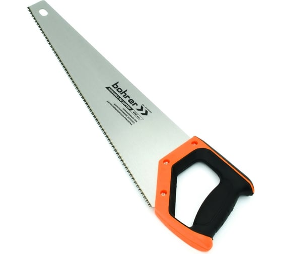 Изображение товара Ножовка по дереву BOHRER 450 мм, сталь 65Mn, каленые зубья, 2D заточка, шаг 7TPI универсальный зуб, двухкомпонентная рукоятка 44222450