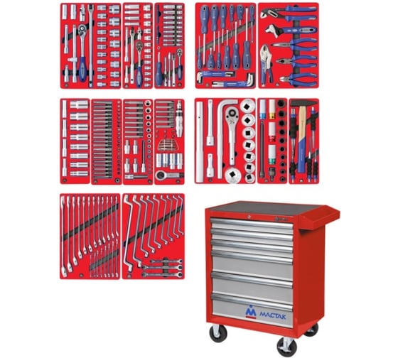 Изображение товара Набор инструментов ПРОФИ 299 предметов МАСТАК 52-06299R в красной тележке
