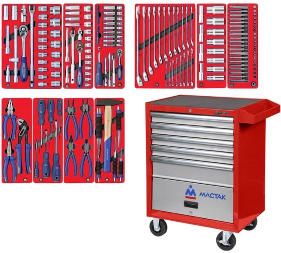Изображение товара Набор инструментов СТАНДАРТ 186 предметов МАСТАК 52-05186R в красной тележке