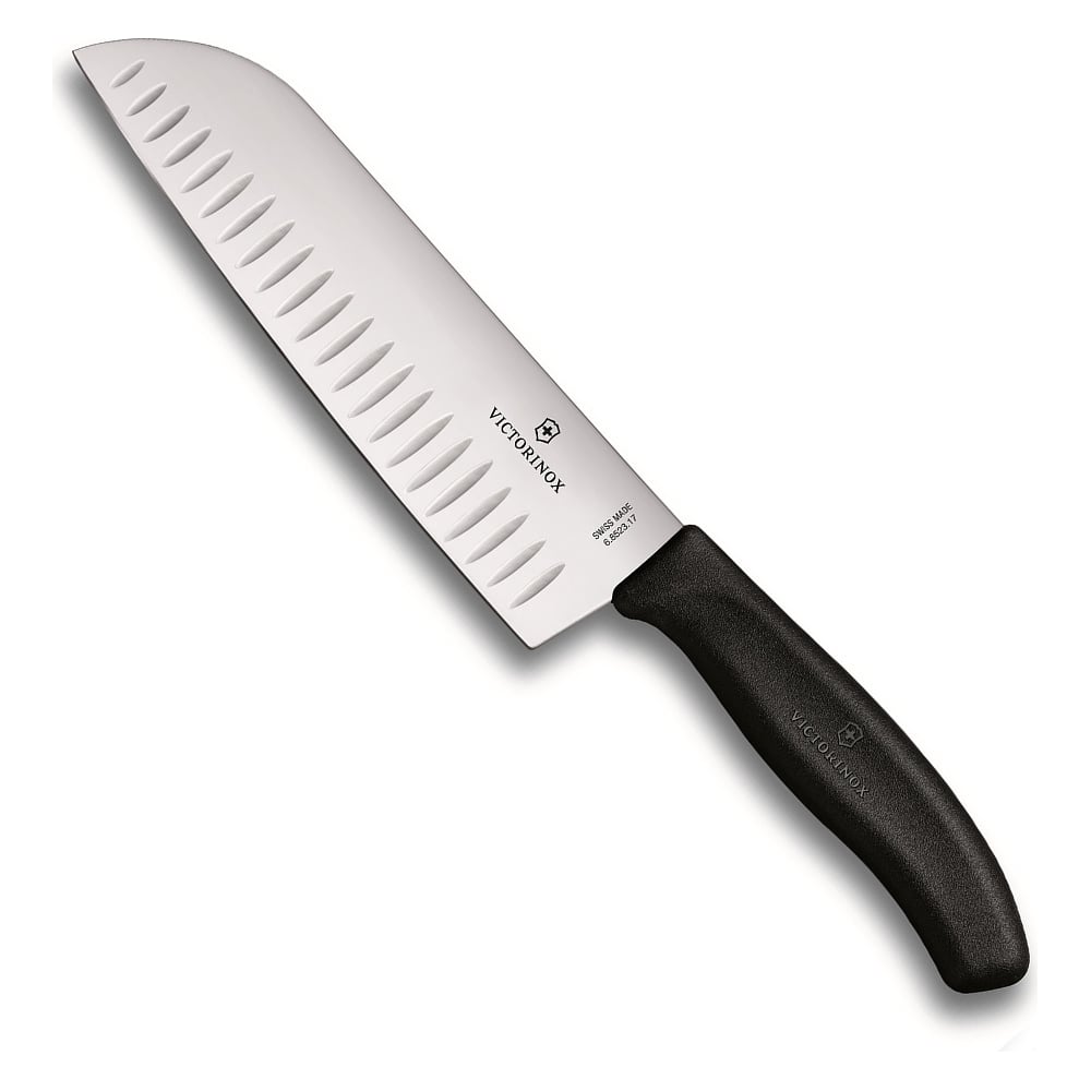 Черный нож Santoku с рифленым лезвием 17 см в картонном блистере Victorinox 6.8523.17B