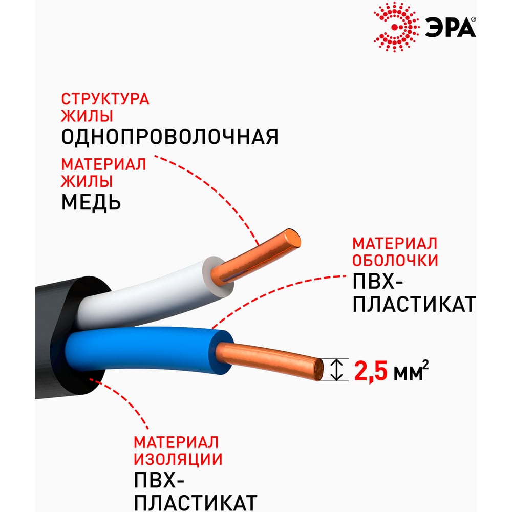 Изображение товара Кабель ВВГПнг(А)LS 2x2, 5 мм2 50м ЭРА - пожаробезопасный электропровод