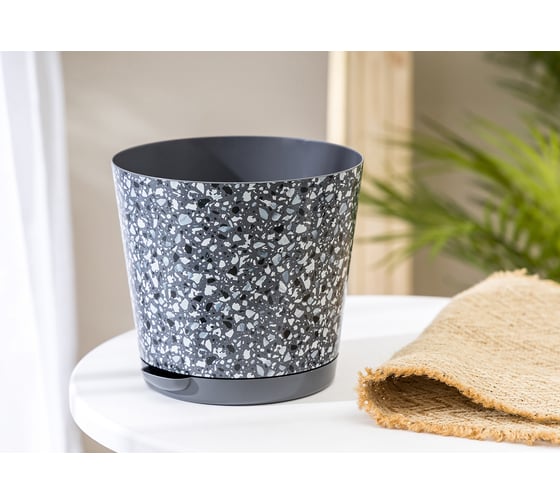 Изображение товара Горшок для цветов IDILAND Stone Flower диаметр 160 мм, 2 л, с прикорневым поливом, с декором, серый, 221606935/01