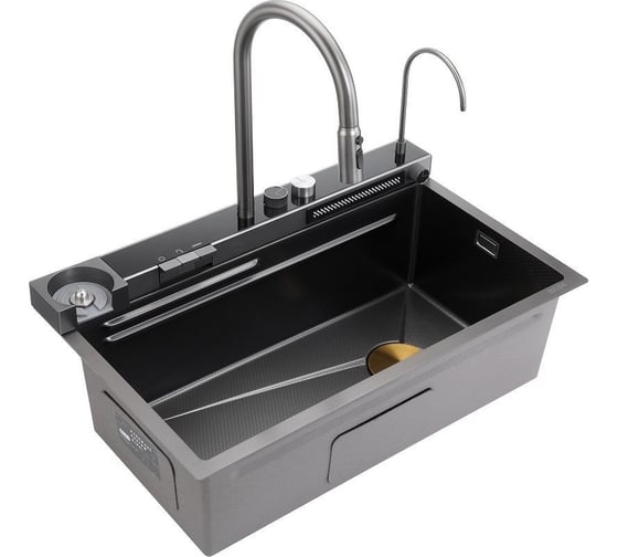 Изображение товара Кухонная мойка многофункциональная из нержавеющей стали OUTE 75x46 см со встроенным смесителем, краном питьевой воды и водопадом, с дуршлагом, омывателем стаканов и разделочной доской T87546Y+T709Y