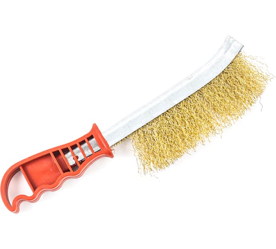 Изображение товара Металлическая корщетка TopAuto загнутая, латунированная, 240 мм, с пластиковой ручкой КЩМ240