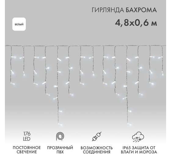 Изображение товара Гирлянда Neon-Night Бахрома, 4,8x0,6 м, прозрачный ПВХ, 176 LED белые, IP65, нужен блок питания 255-145