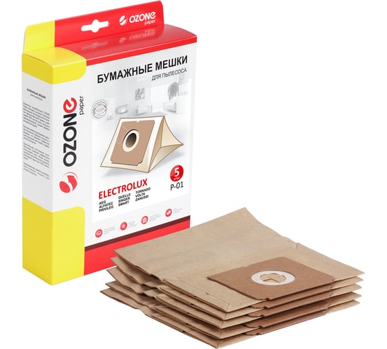 Изображение товара Мешки-пылесборники бумажные для пылесосов ELECTROLUX, AEG, ZANUSSI (5 шт.) OZONE P-01