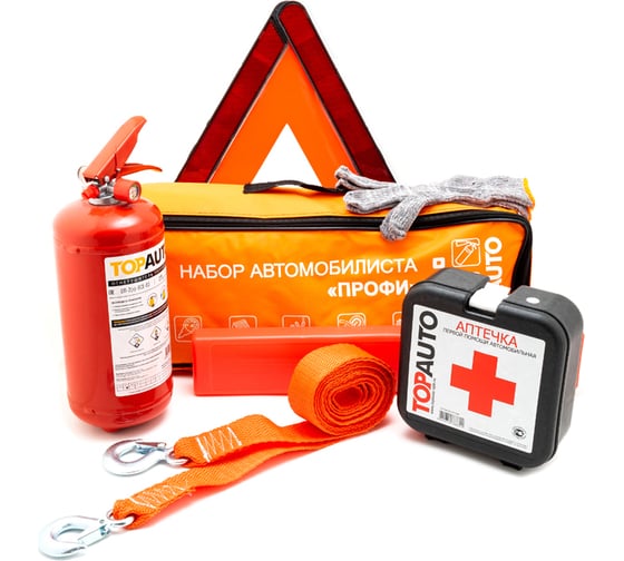 Изображение товара Набор автомобилиста TopAuto профи сумка, огнетушитель оп-2 железный с манометром, трос 3.5т 2 кр рострос, аптечка по приказу гост, знак rt-199 eac, перчатки НАП