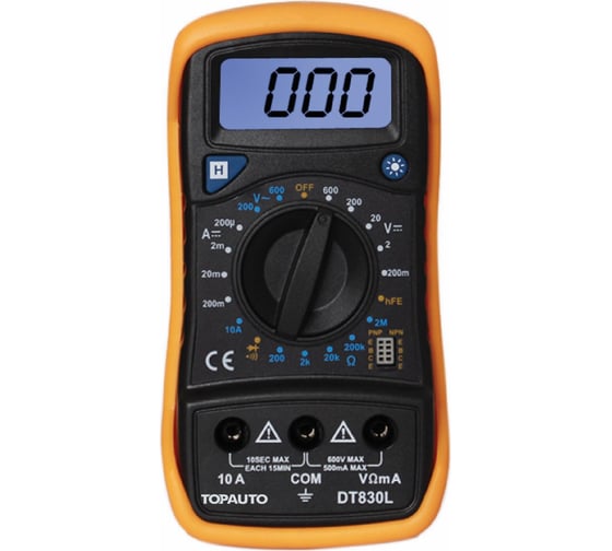 Изображение товара Цифровой мультиметр TopAuto в защитном чехле, звуковая прозвонка цепи, подсветка DT830L