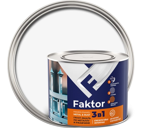 Изображение товара Грунт-эмаль ЯРОСЛАВСКИЕ КРАСКИ FAKTOR на ржавчину 3 в 1, белая, банка 1.9 кг 215143