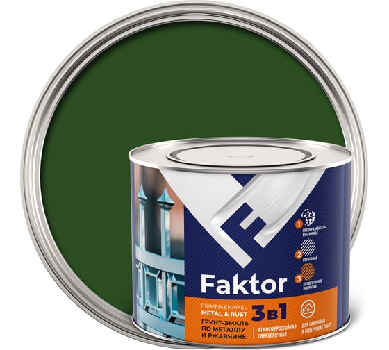 Изображение товара Грунт-эмаль ЯРОСЛАВСКИЕ КРАСКИ FAKTOR на ржавчину 3 в 1, зеленая, банка 1.9 кг 215153