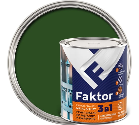 Изображение товара Грунт-эмаль ЯРОСЛАВСКИЕ КРАСКИ FAKTOR на ржавчину 3 в 1, зеленая, банка 0.8 кг 215146