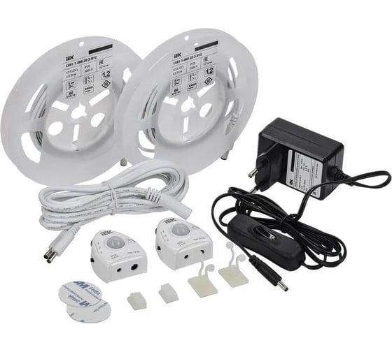 Изображение товара Комплект светодиодной подсветки "сделай сам" IEK (лента led 2x1,2м lsr-2835ww60-4,8-ip20-12в + драйвер + 2 датчика движения) LSR1-1-060-20-1-2XD12-S3