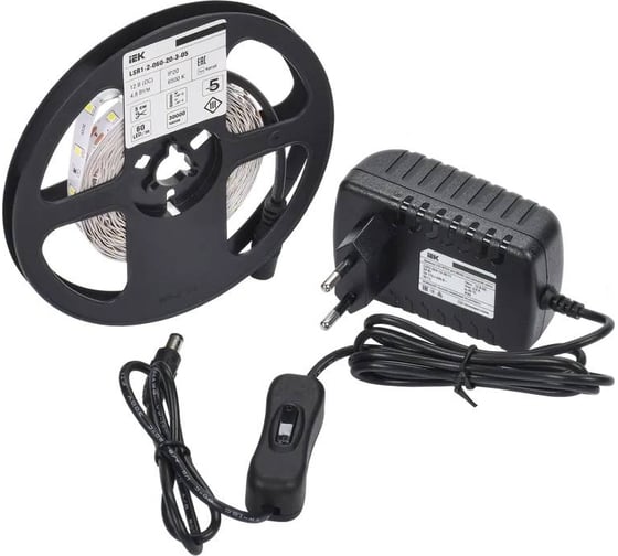 Изображение товара Комплект светодиодной подсветки "сделай сам" IEK (лента led 5м lsr-2835w60-4,8-ip20-12в + драйвер + выключатель) LSR1-2-060-20-1-05-S1