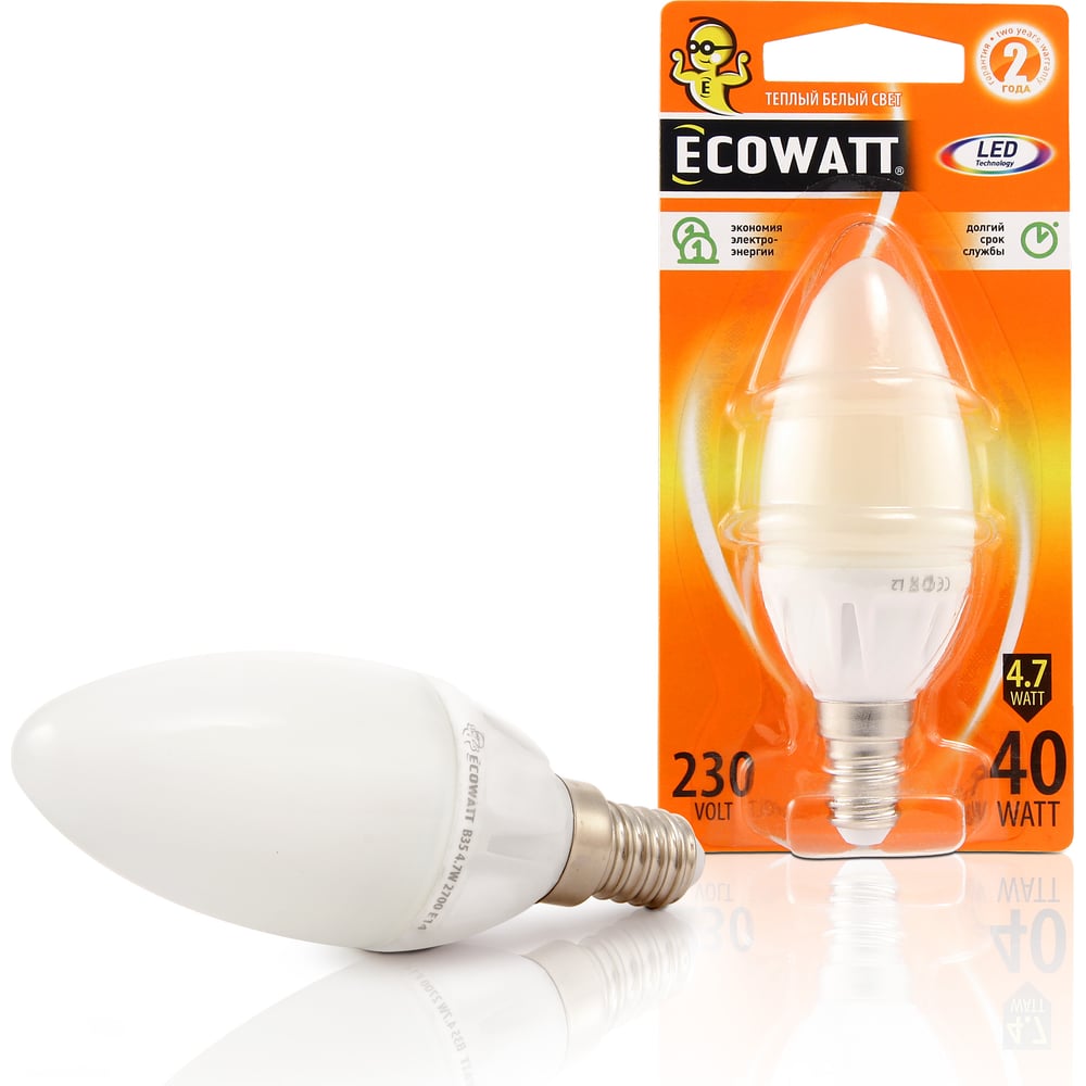 Изображение товара Светодиодная лампа ECOWATT B35 230В 4.7W 2700K E14 теплый белый свет свеча