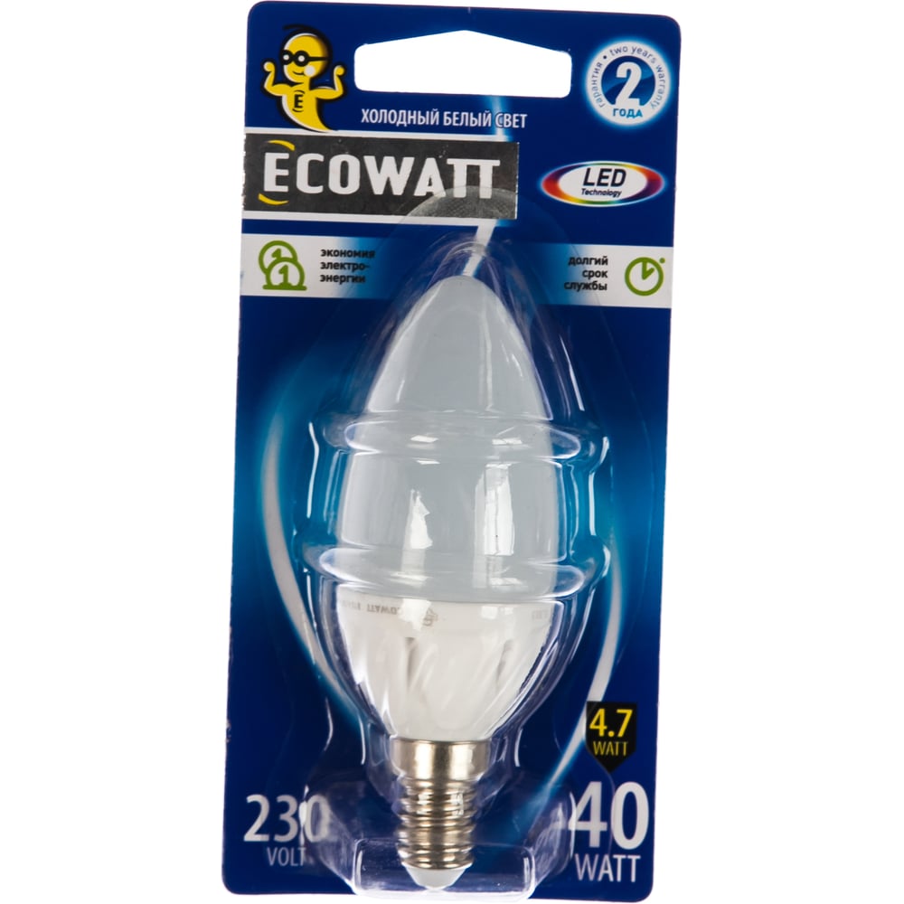 фото Светодиодная лампа ecowatt b35 230в 4.7w 4000k e14 холодный белый свет, свеча 4606400613992