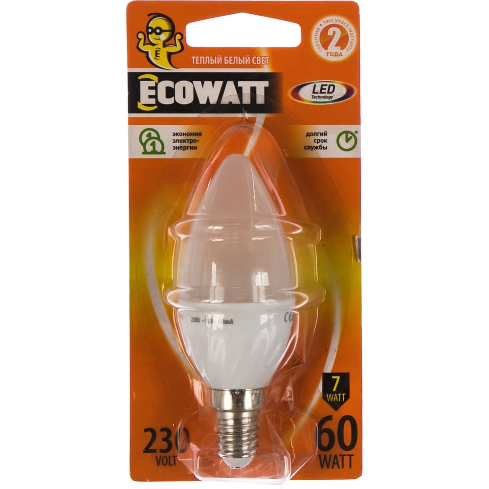 Изображение товара Светодиодная лампа ECOWATT B35 230В 60W аналог теплый белый свеча E14