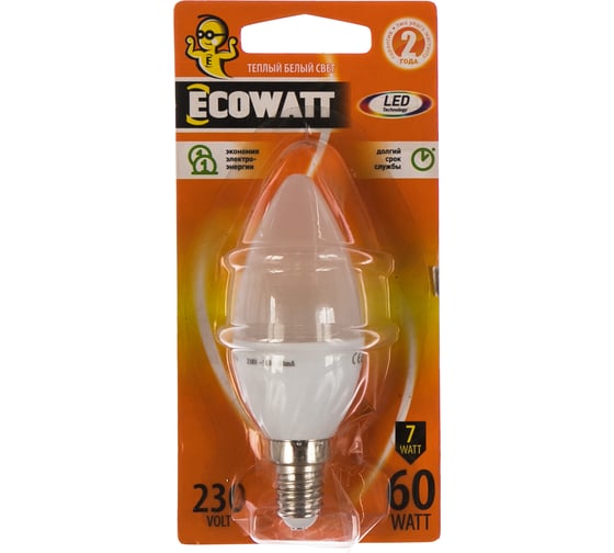 Изображение товара Светодиодная лампа ECOWATT B35 230В аналог 60W 2700K E14 теплый белый свет свеча 4606400419297
