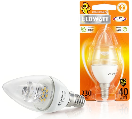 Изображение товара Светодиодная лампа ECOWATT B35 4.2W 2700K E14 CL 300 теплый белый свет свеча прозрачная 4606400419389