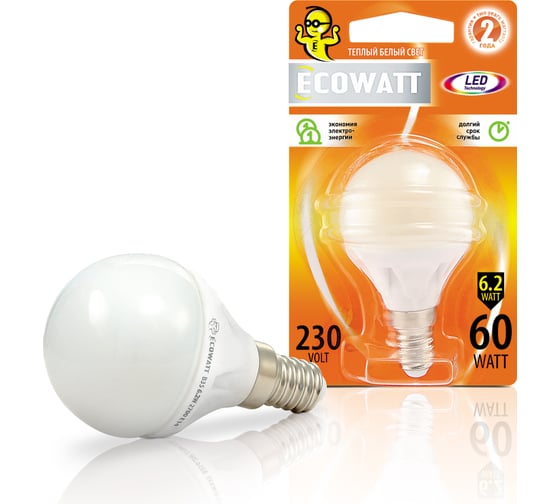 Изображение товара Светодиодная лампа ECOWATT P45 230В аналог 60W 2700K E14 теплый белый свет шарик 4606400419259