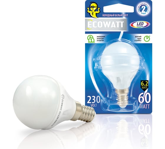Изображение товара Светодиодная лампа ECOWATT P45 230В аналог 60W 4000K E14 холодный белый свет шарик 4606400419266