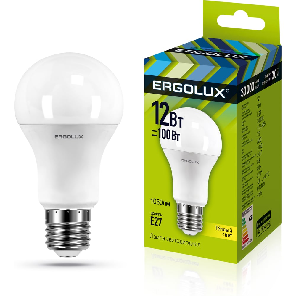Изображение товара Светодиодная лампа Ergolux LED-A60-12W-E27 3000K для общего освещения