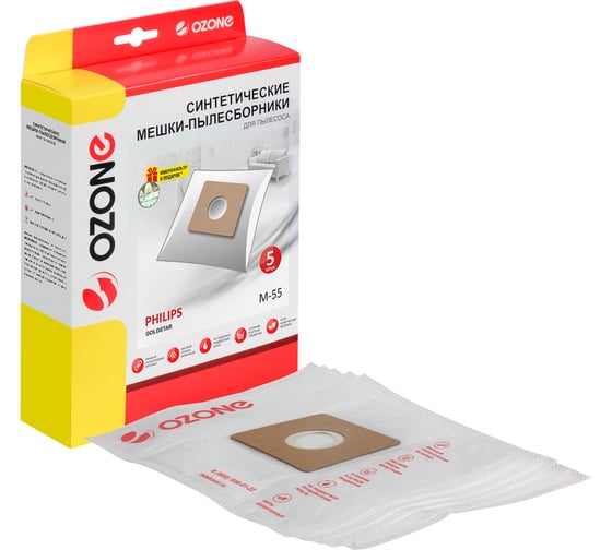 Изображение товара Мешки-пылесборники для пылесоса PHILIPS (5 шт.) OZONE синтетические, многослойные, подходят: GOLDSTAR . M-55