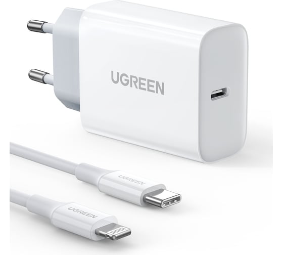 Изображение товара Набор адаптер и кабель usb-c - lightning Ugreen cd137 (50698) pd fast charger 20w + usb-c to lightning cable eu. цвет: белый  _ 50698