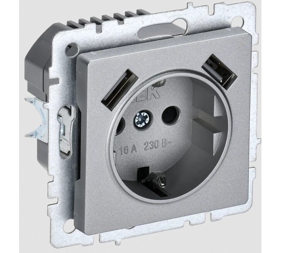 Изображение товара 1-местная розетка IEK Brite с заземлением с защитными шторками 16а с usb a+a 5в 3,1а рюш10-2-бра алюминий BR-R14-16-U21-D31-K47