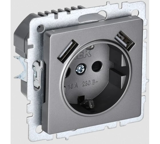 Изображение товара 1-местная розетка IEK Brite с заземлением с защитными шторками 16а с usb a+a 5в 2,1а рюш10-1-брс сталь BR-R14-16-U21-D21-K46