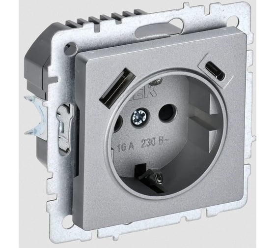 Изображение товара 1-местная розетка IEK Brite с заземлением с защитными шторками 16а с usb a+c 18вт рюш11-1-бра алюминий BR-R14-16-U22-018-K47