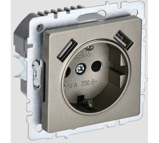 Изображение товара 1-местная розетка IEK Brite с заземлением с защитными шторками 16а с usb a+a 5в 2,1а рюш10-1-брш шампань BR-R14-16-U21-D21-K37