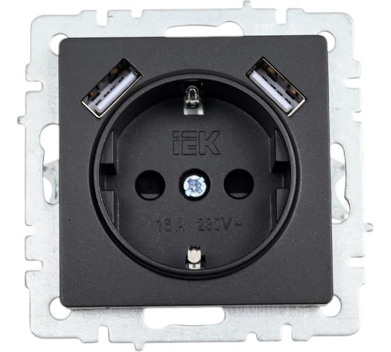 Изображение товара 1-местная розетка IEK Brite с заземлением с защитными шторками 16а с usb a+a 5в 2,1а рюш10-1-брч черный BR-R14-16-U21-D21-K02