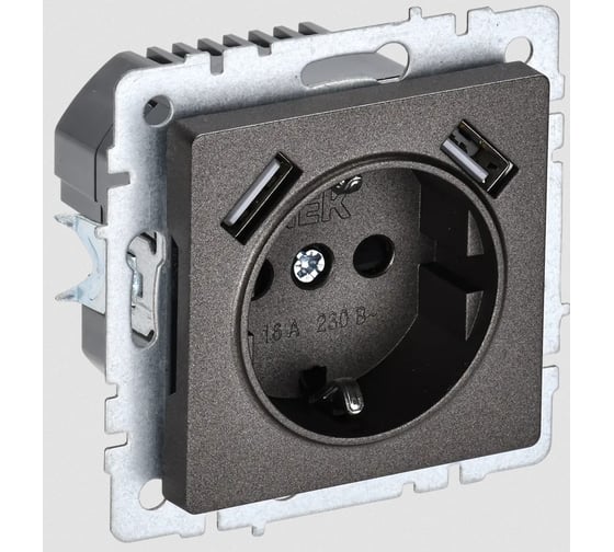 Изображение товара 1-местная розетка IEK Brite с заземлением с защитными шторками 16а с usb a+a 5в 2,1а рюш10-1-бртб темная бронза BR-R14-16-U21-D21-K45