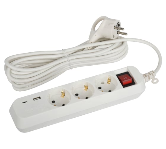 Изображение товара Электрический удлинитель ЭРА UB3es5mUSB c заземлением, с выключателем, 3 розетки, 1xUSB-A, 1xUSB-C, 5м, 10А Б0052899